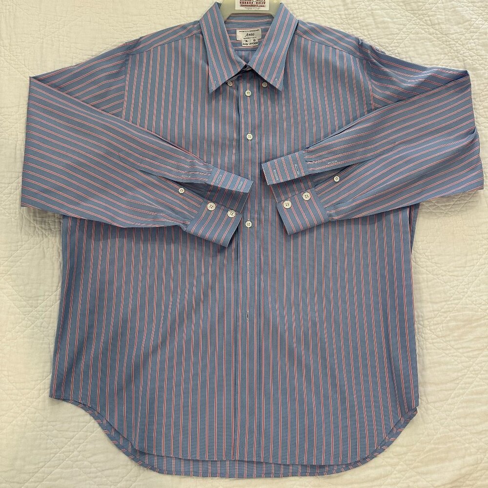 Anto Beverly Hills Custom-Made Button-Down Men Dress Shirt Blue with Pink Stripe